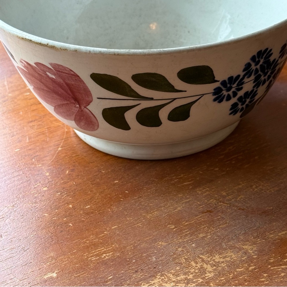 Beautiful Antique Hand Painted Floral Spongeware Bowl Made In England Late 1800s - Picture 2 of 14
